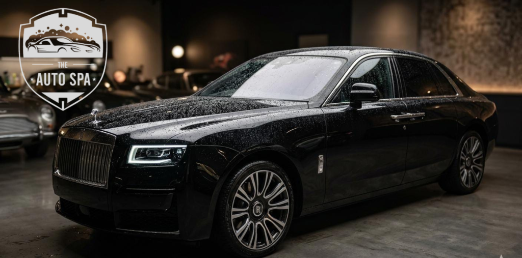 A shiny luxury car after professional detailing, water droplets on deep black paint, soft studio lighting, bokeh background, ultra realistic, 4k